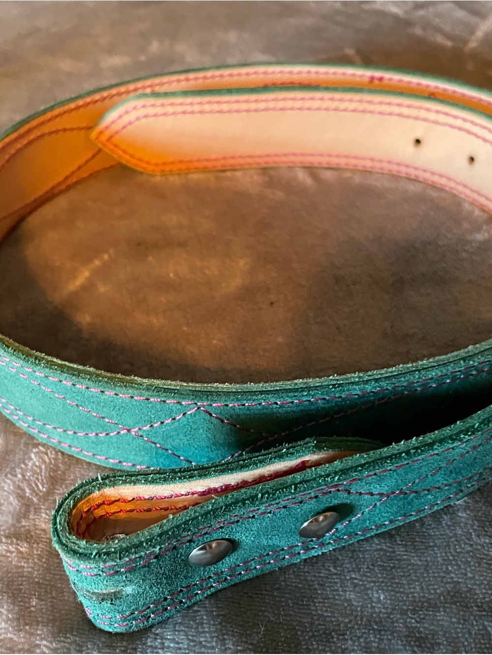 Turquoise Suede Women's Belt with Pink Contrast Stitching